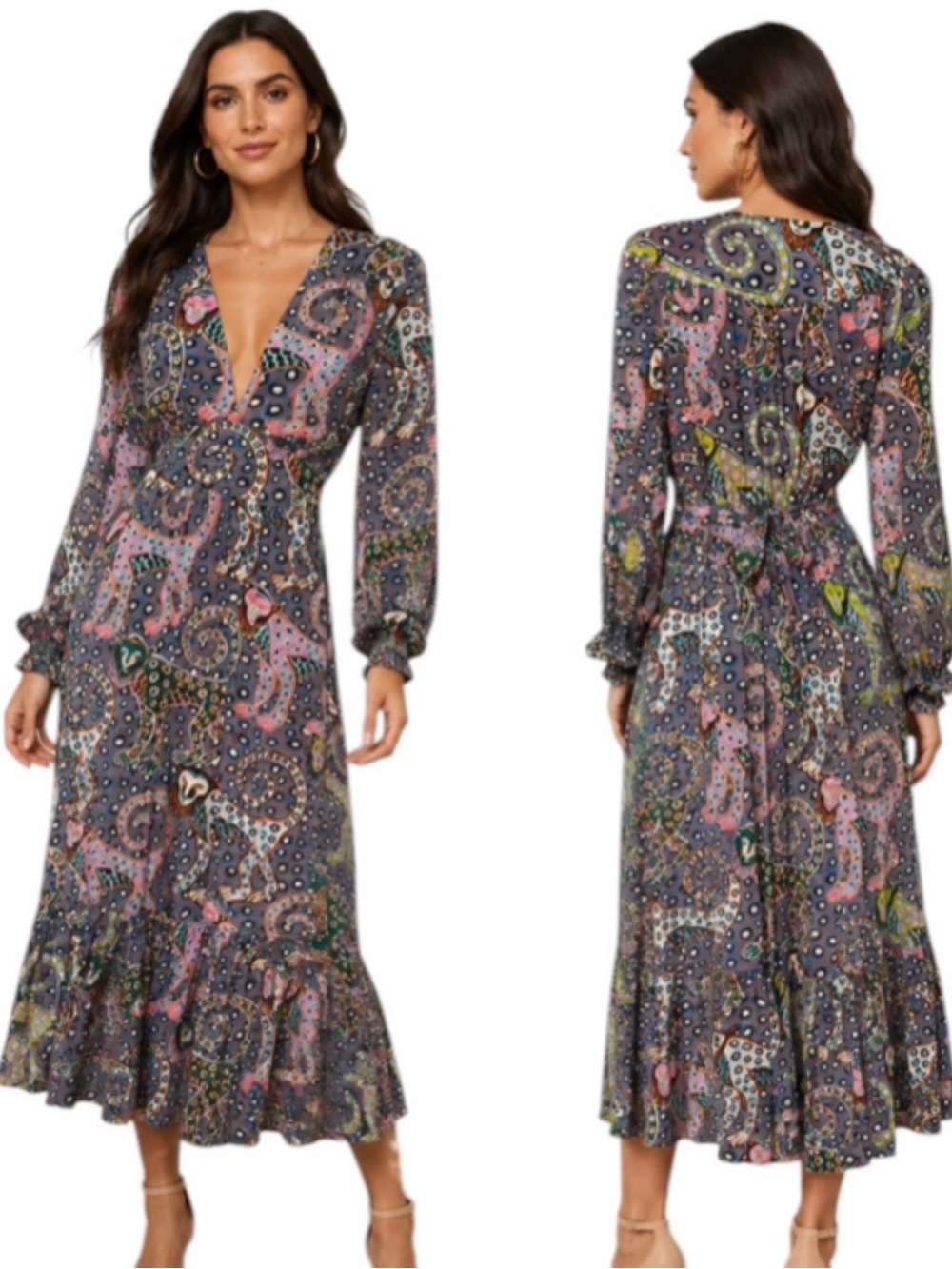 Oliphant Purple Capuchin Monkey Animal Spotted Print Tie Waist Midi Dress - L